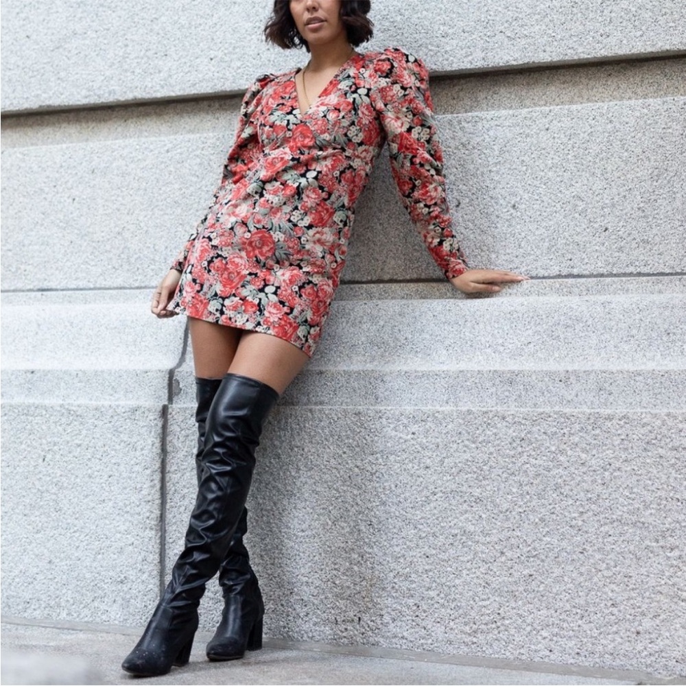 Free People NWT Kapowski Dress Red Floral Retro Corduroy Puffy Long Sleeve XS